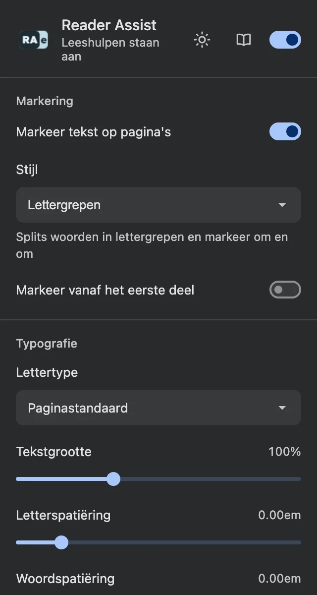 De instellingen van Reader Assist in het donkere thema