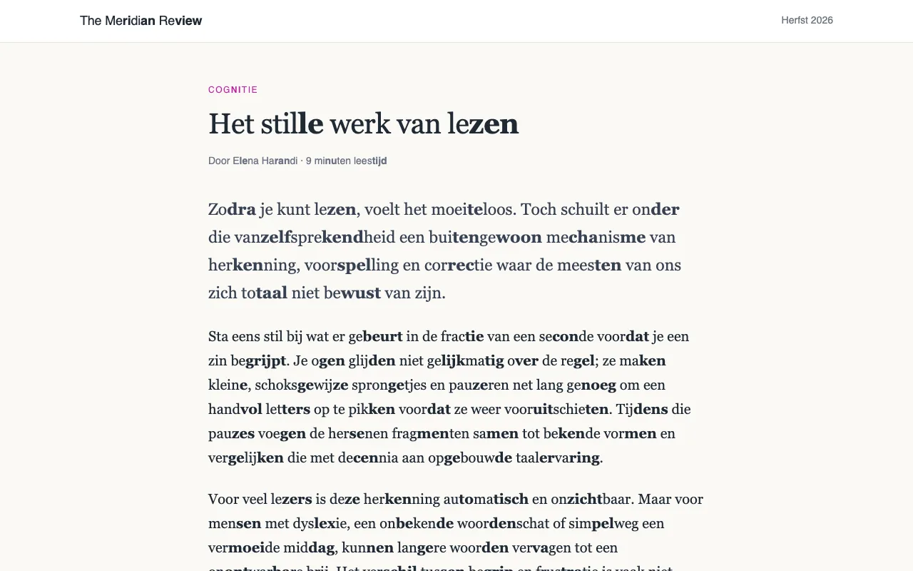 Een artikel waarin lange woorden in lettergrepen zijn gesplitst, en om en om een lettergreep vetgedrukt is