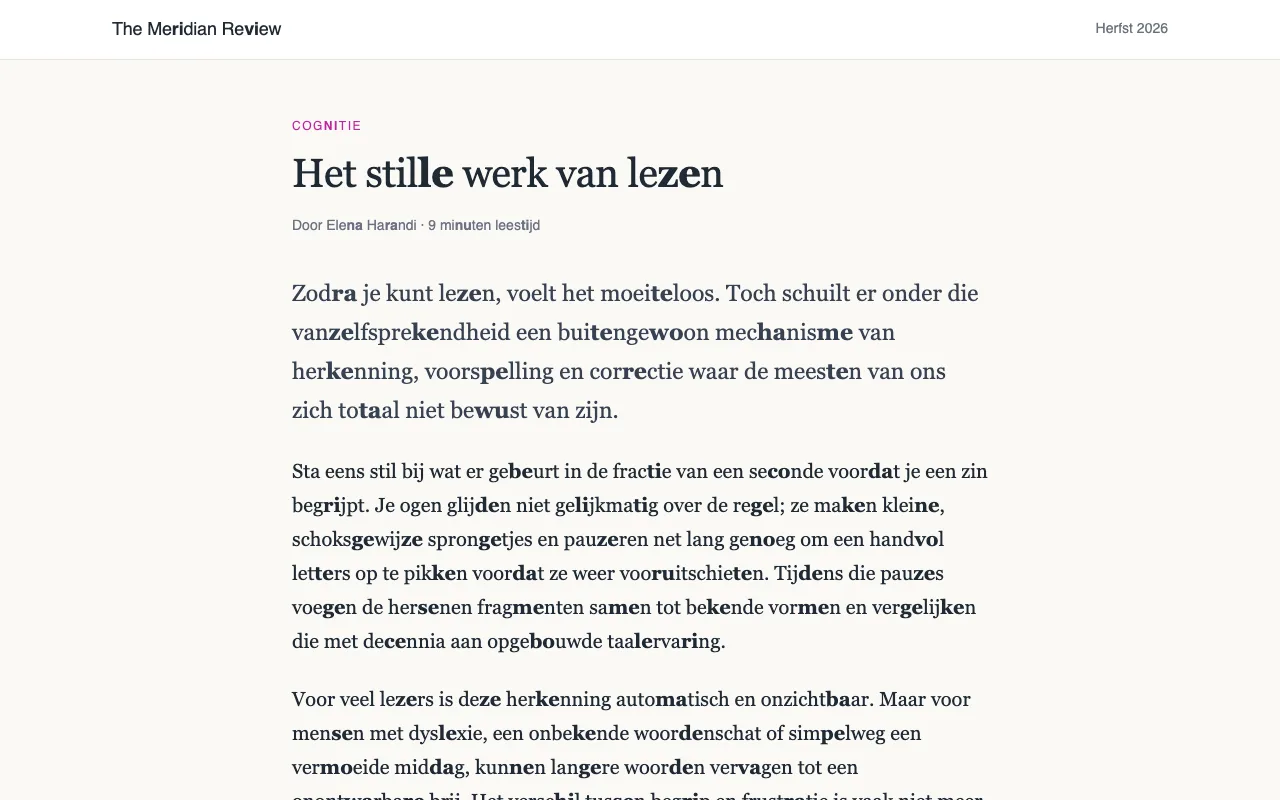 Een artikel waarin om en om een medeklinker-klinkerpaar vetgedrukt is