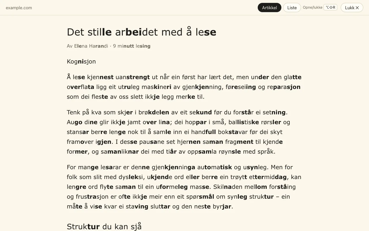 Lesevisninga: berre artikkelen i éi roleg spalte, med stavingsmarkering