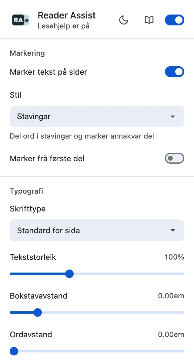 Innstillingane for Reader Assist i lyst tema