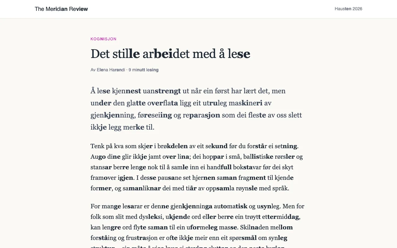 Ein artikkel med lange ord delte i stavingar, med annakvar staving i feit skrift