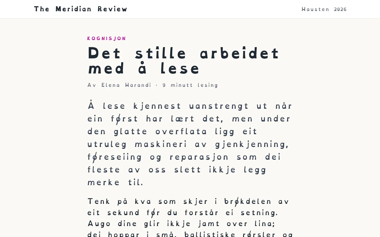 Ein artikkel sett i OpenDyslexic med større bokstav- og ordavstand