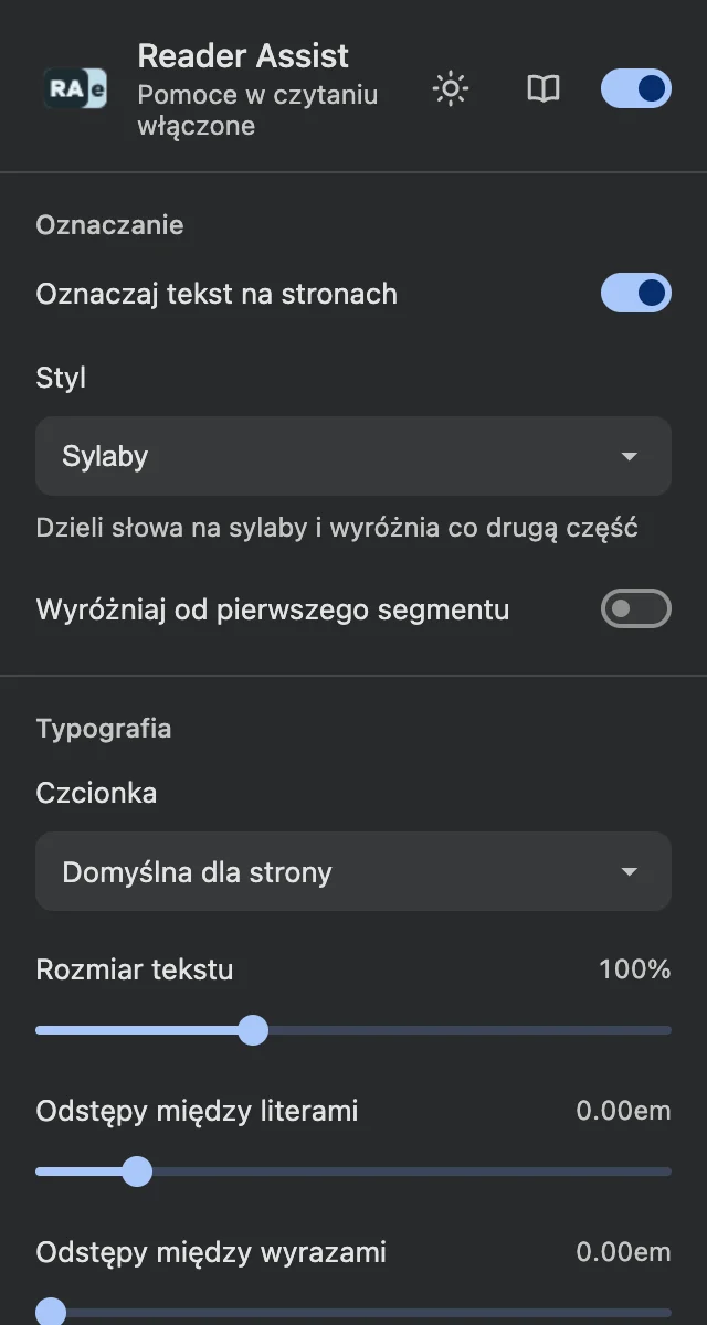 Ustawienia Reader Assist w ciemnym motywie