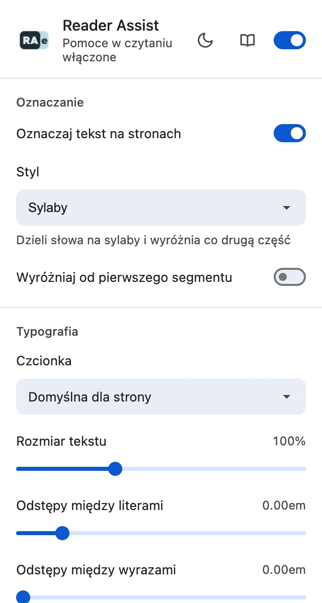 Ustawienia Reader Assist w jasnym motywie