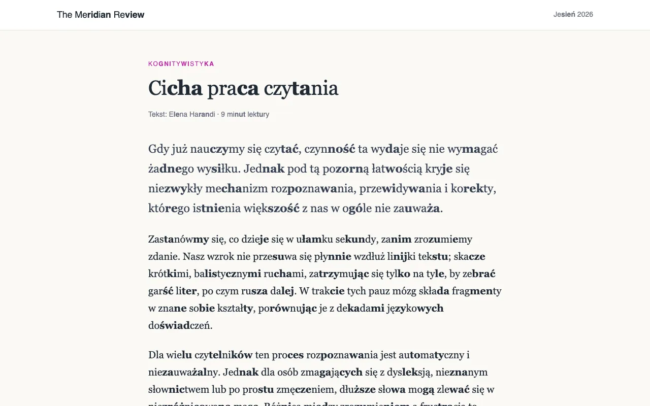 Artykuł z długimi słowami podzielonymi na sylaby, co druga pogrubiona