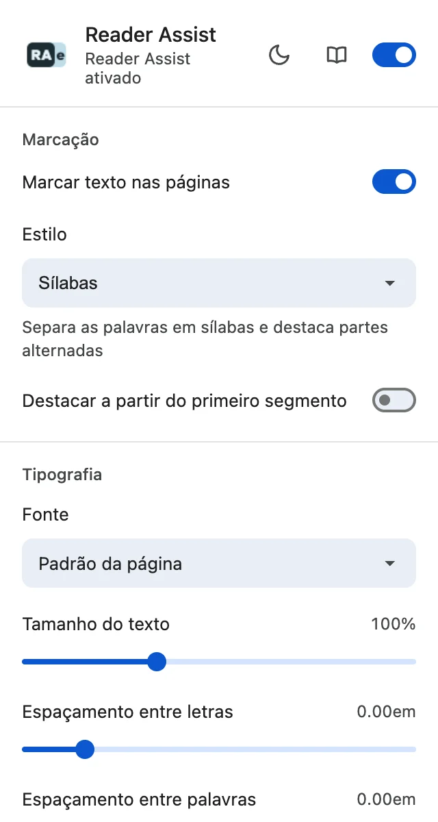 As configurações do Reader Assist no tema claro