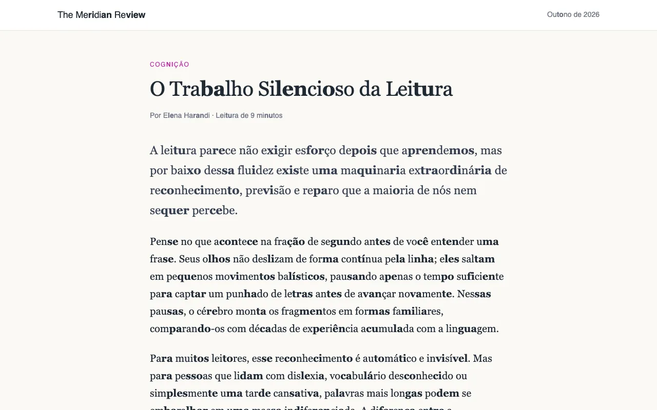 Um artigo com palavras longas separadas em sílabas, com sílabas alternadas em negrito