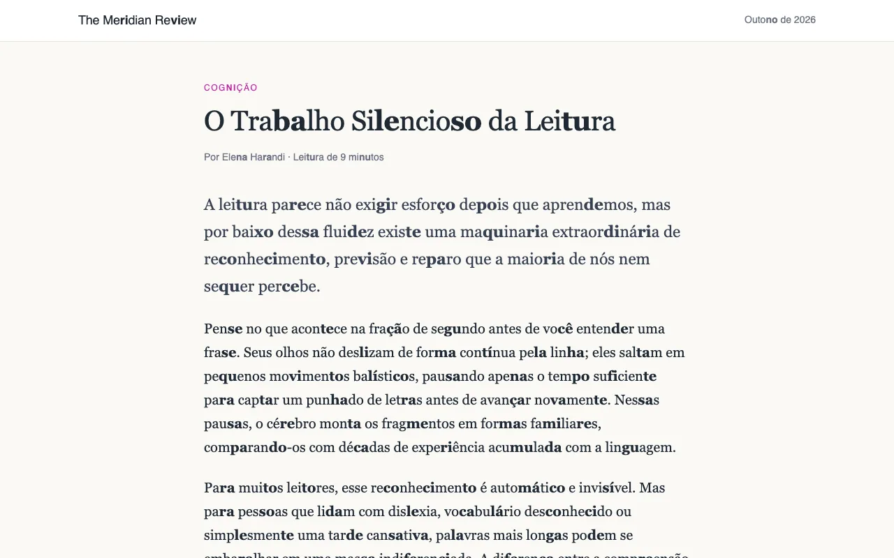 Um artigo com pares de consoante-vogal alternados em negrito