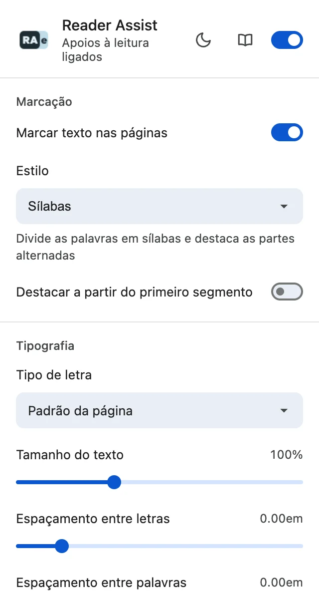 As definições do Reader Assist no tema claro