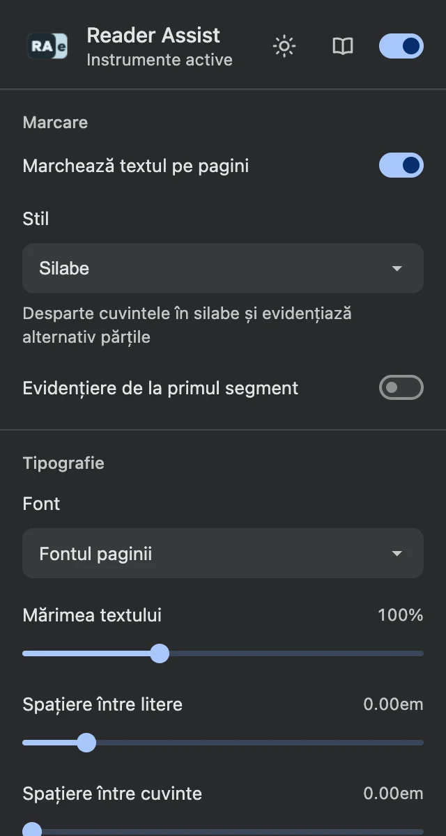 Setările Reader Assist în tema întunecată