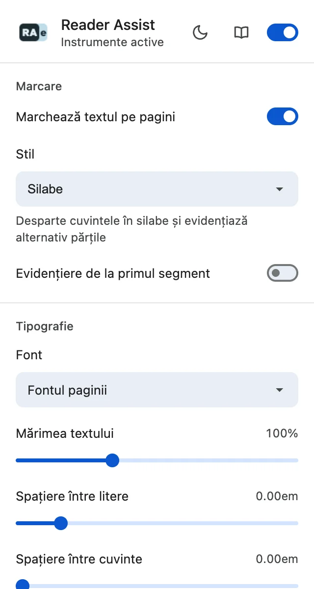 Setările Reader Assist în tema deschisă