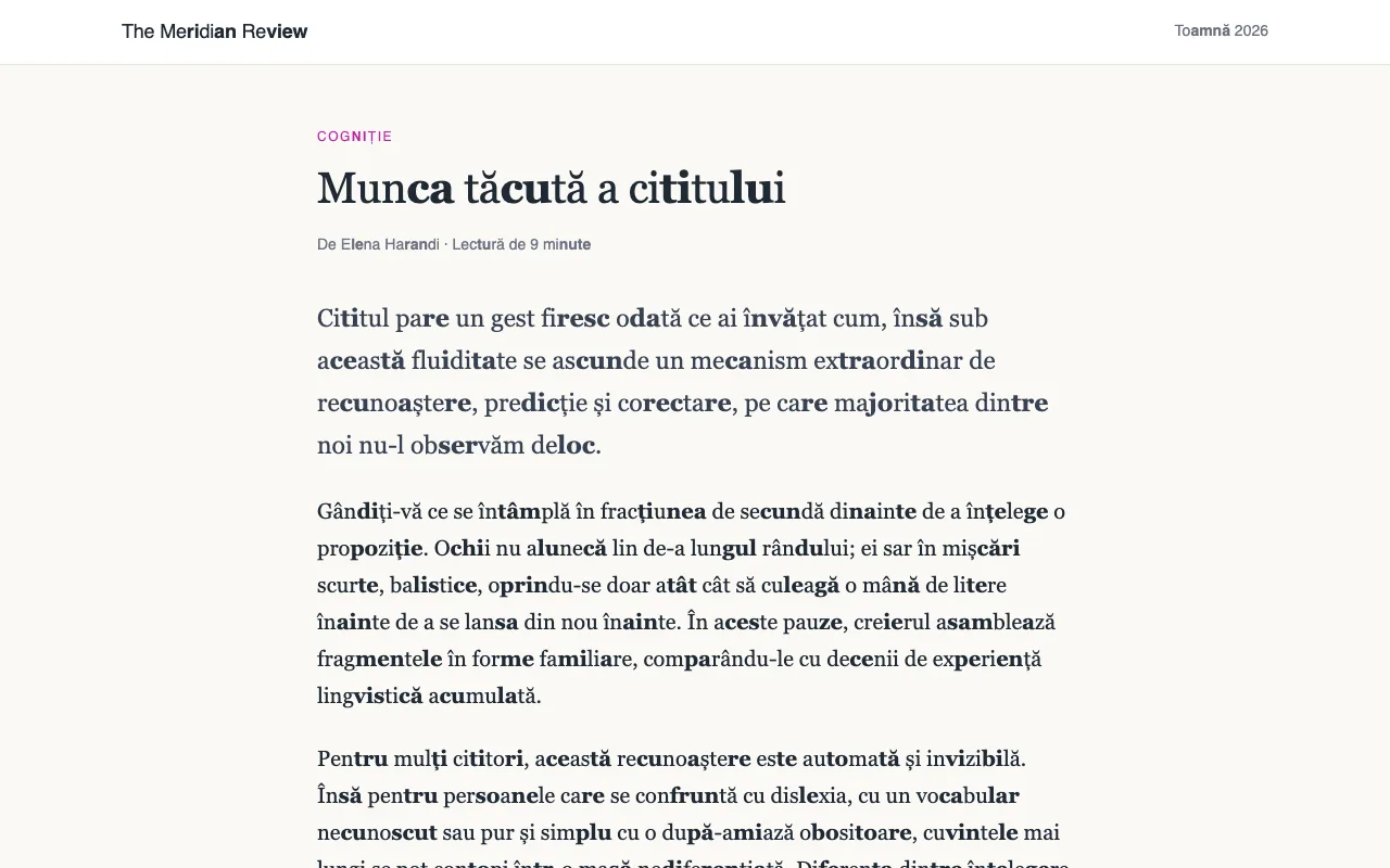 Un articol cu cuvintele lungi despărțite în silabe, cu fiecare a doua silabă scrisă aldin