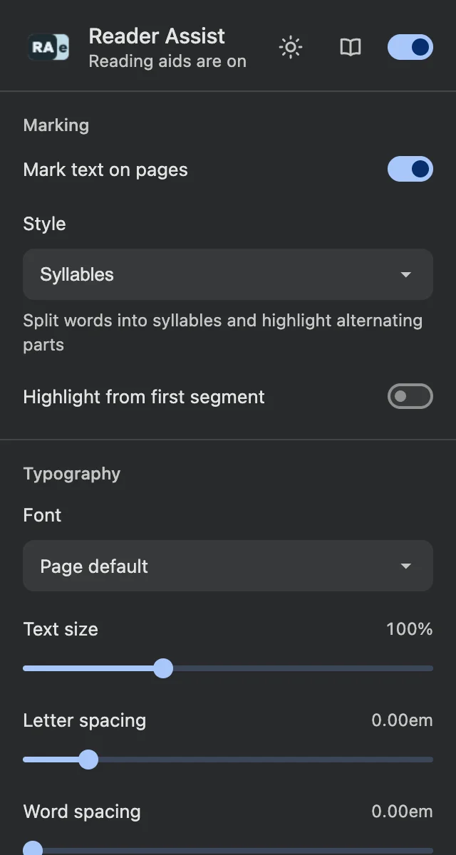 Reader Assist’s settings in the dark theme
