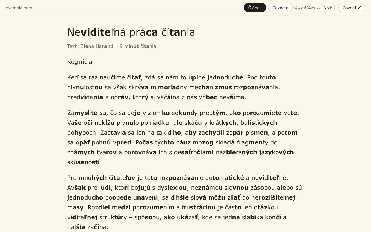 Režim na čítanie: iba článok v jednom stĺpci bez rušivých prvkov, so slabikovaním