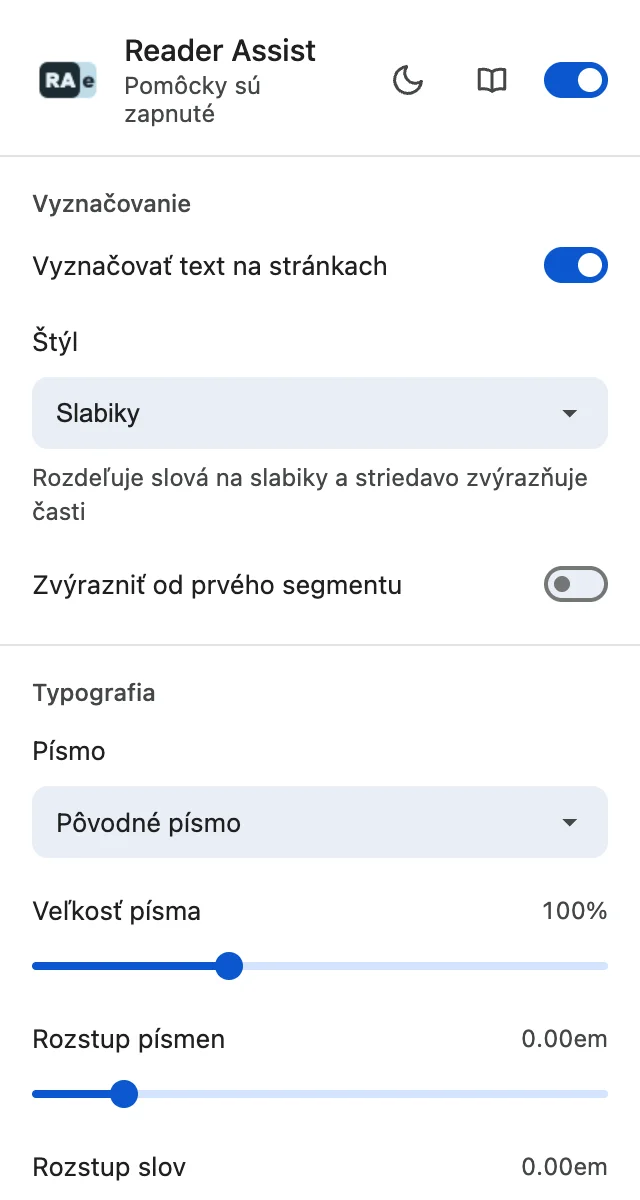 Nastavenia Reader Assist vo svetlom motíve