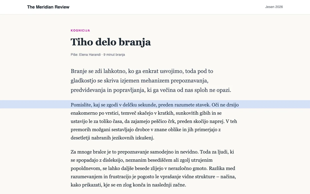 Članek z modrim bralnim ravnilom čez eno vrstico