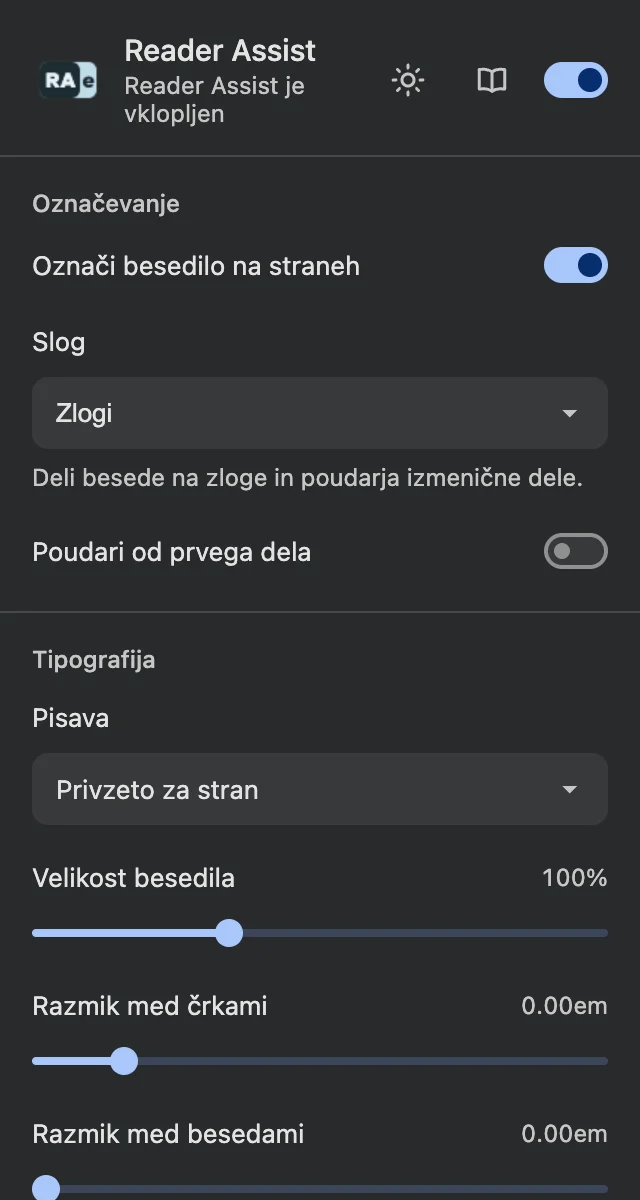 Nastavitve razširitve Reader Assist v temni temi