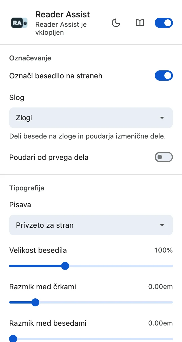 Nastavitve razširitve Reader Assist v svetli temi