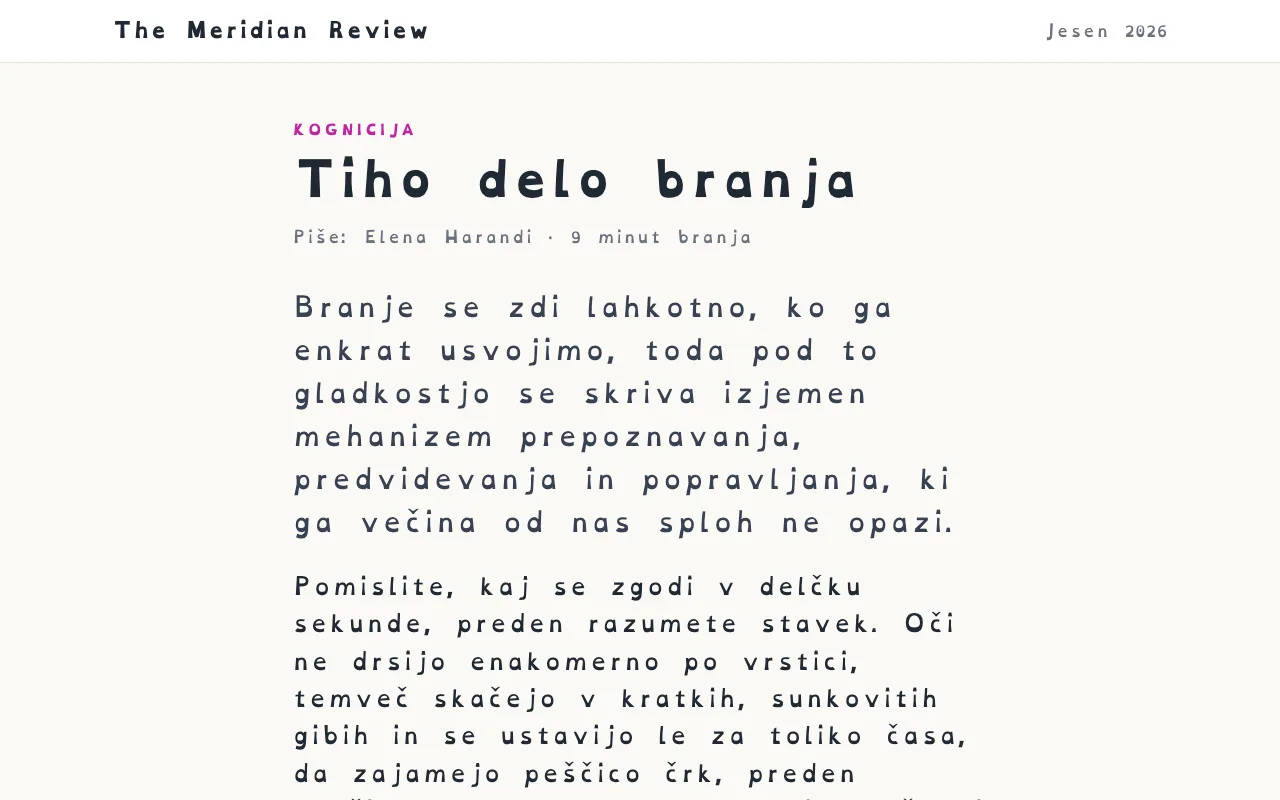 Članek v pisavi OpenDyslexic s povečanim razmikom med črkami in besedami