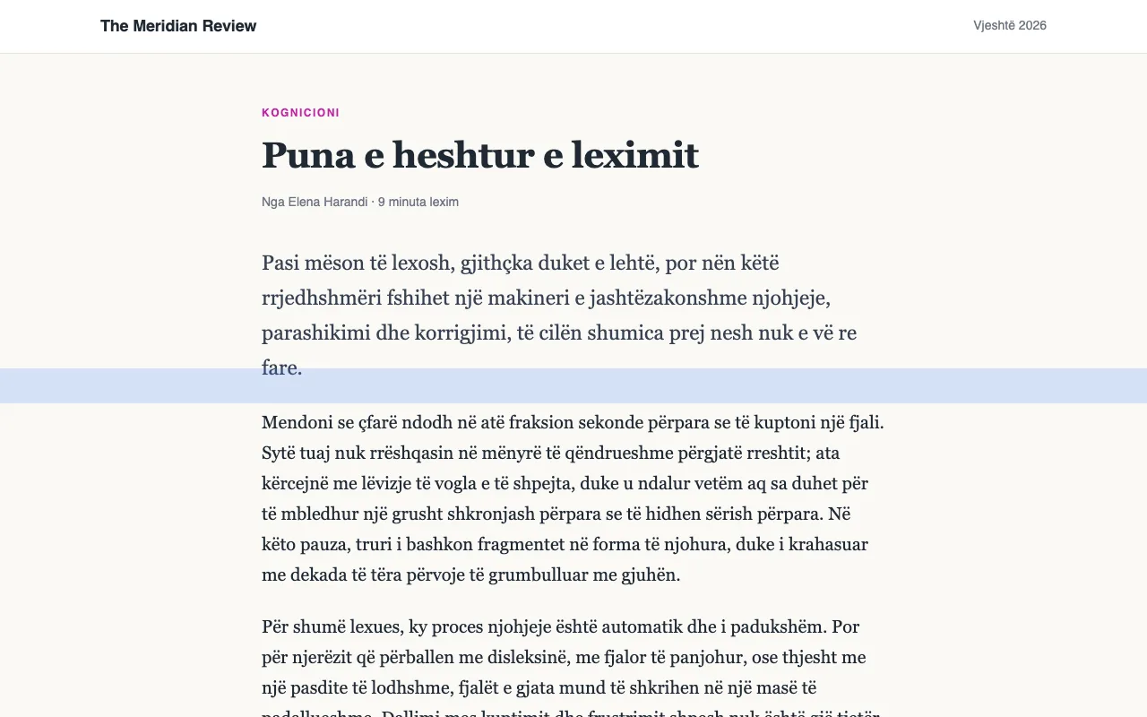 Një artikull me një vizore leximi blu përgjatë një rreshti