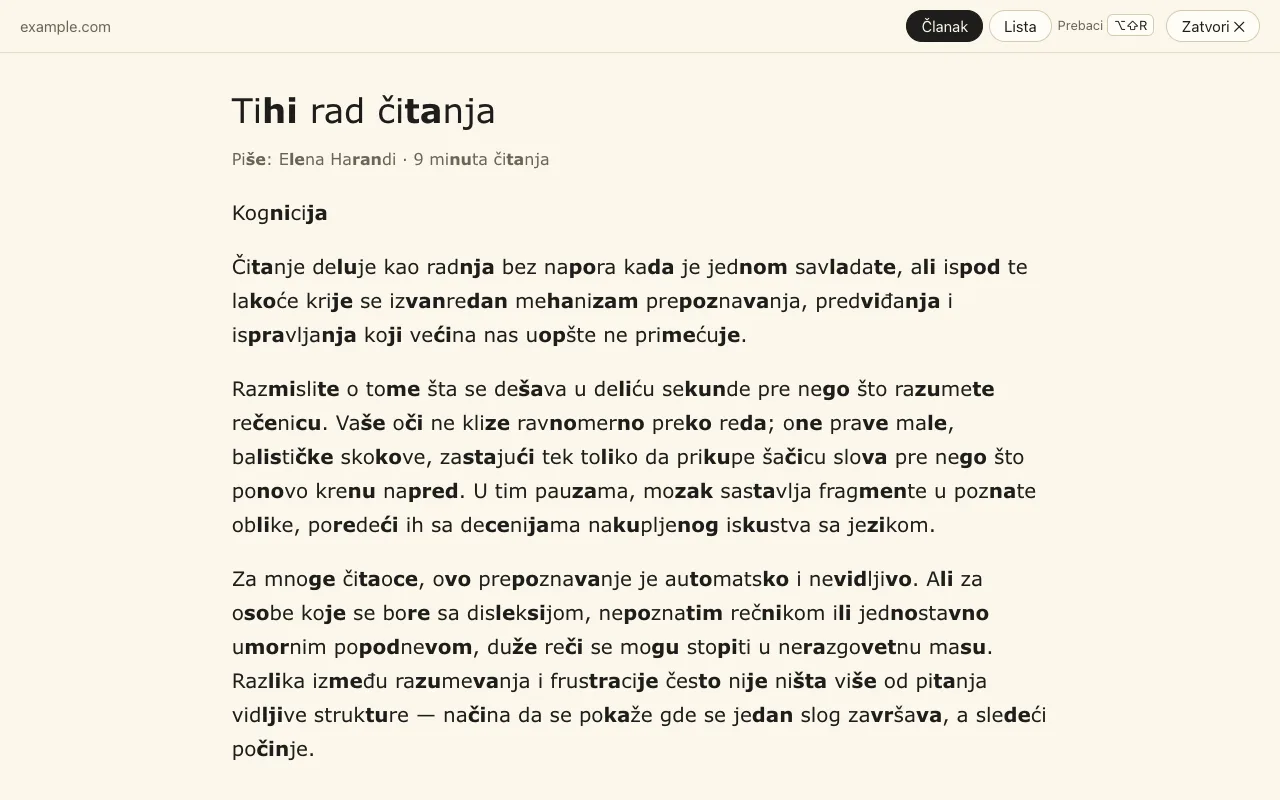 Prikaz za čitanje: samo članak u jednoj preglednoj koloni, sa označenim slogovima