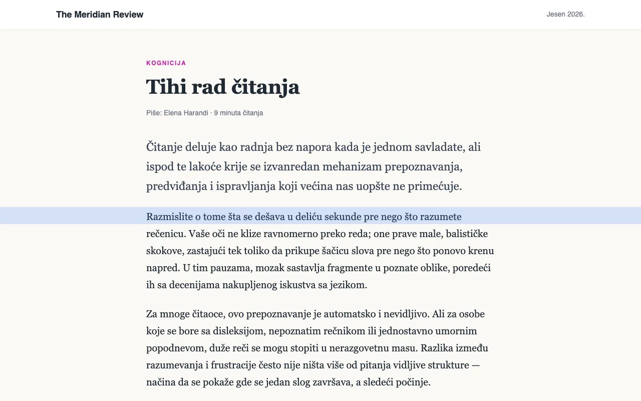 Članak sa plavim lenjirom za čitanje preko jednog reda teksta