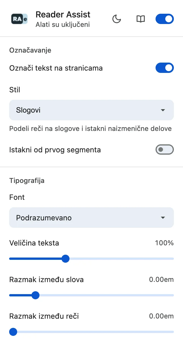 Podešavanja Reader Assist-a u svetloj temi