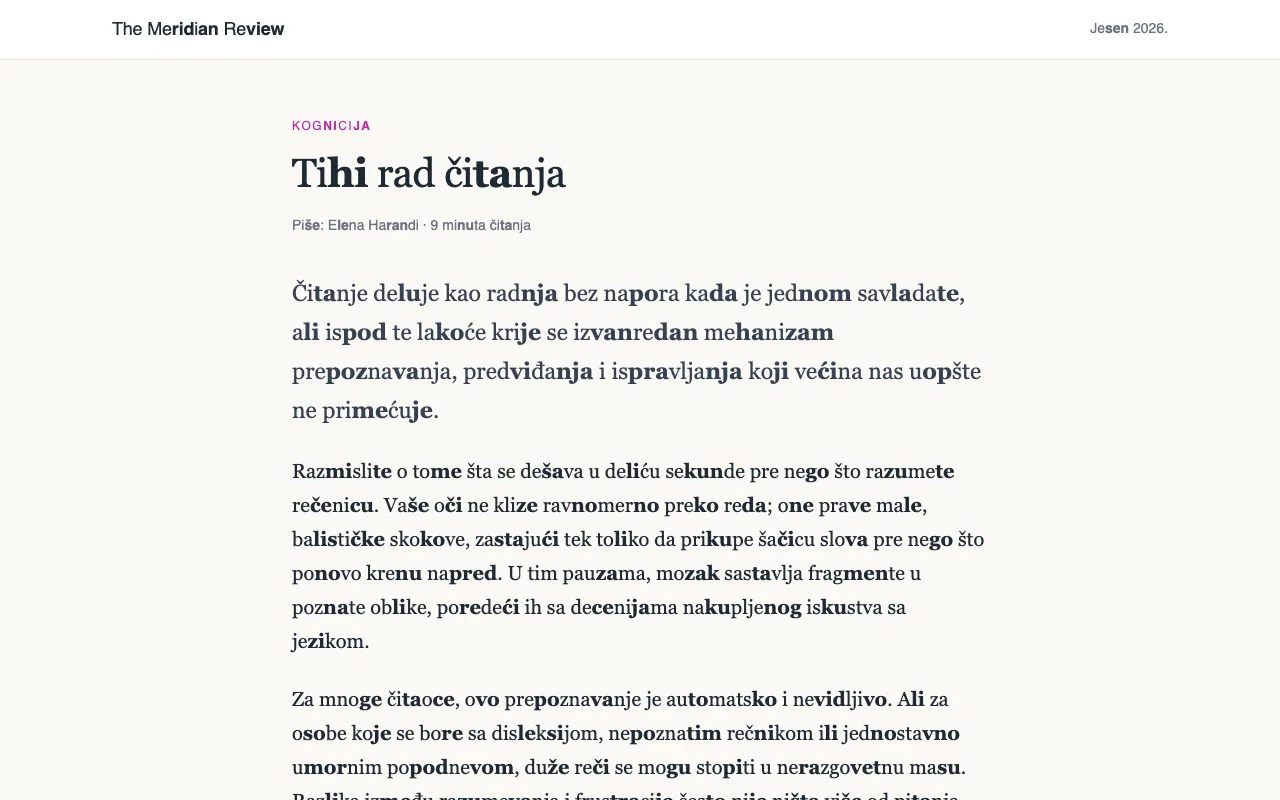 Članak sa dugim rečima podeljenim na slogove, gde je svaki drugi slog podebljan