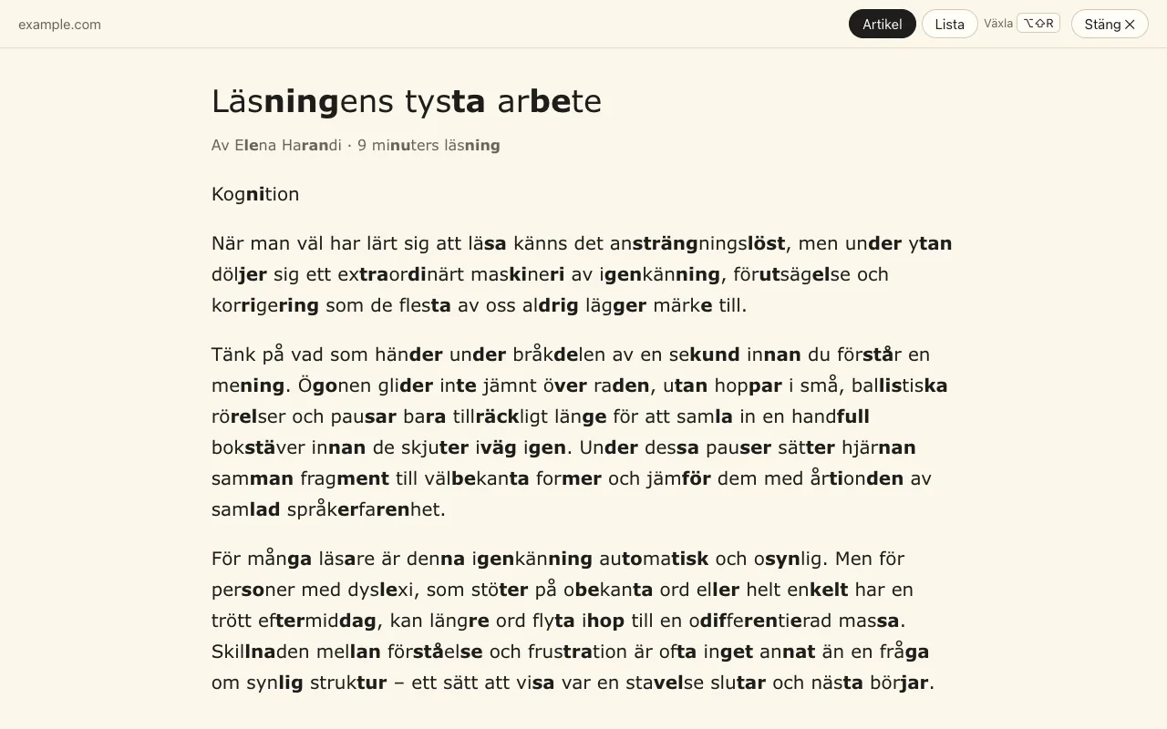 Läsarläget: bara artikeln i en lugn kolumn, med stavelsemarkering.