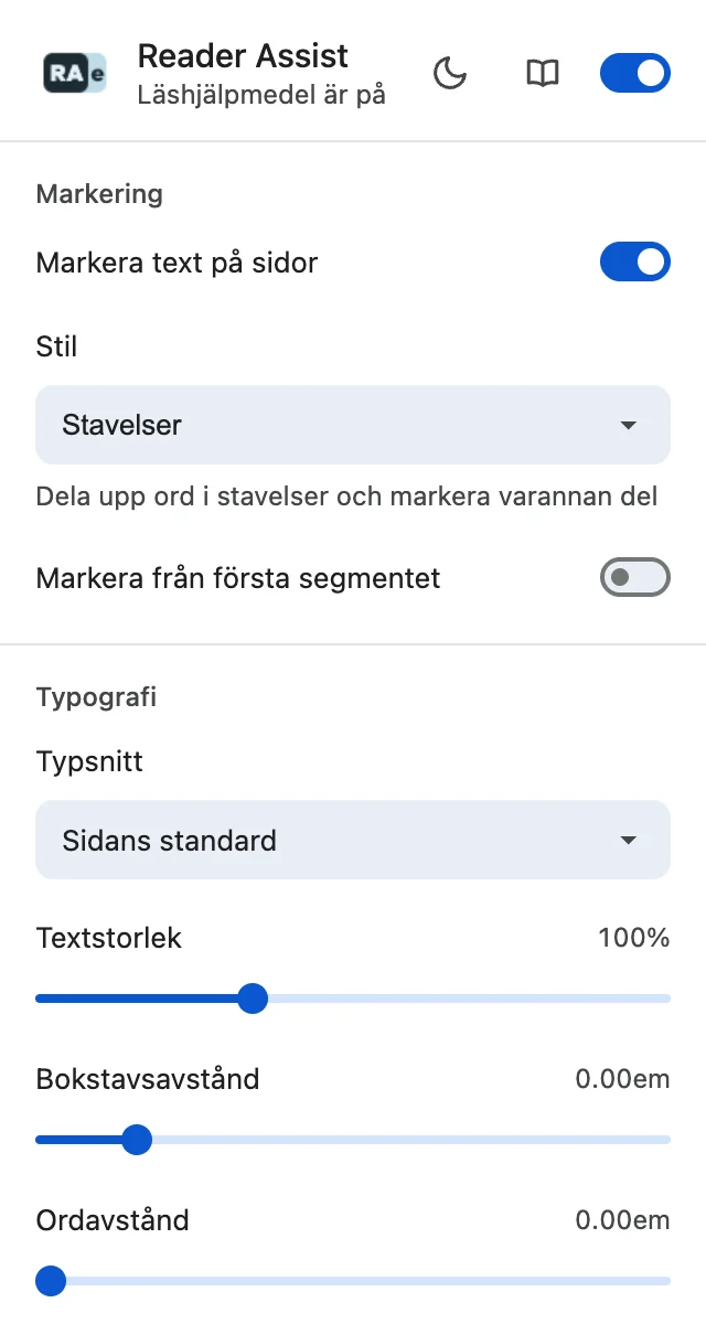 Reader Assists inställningar i det ljusa temat.