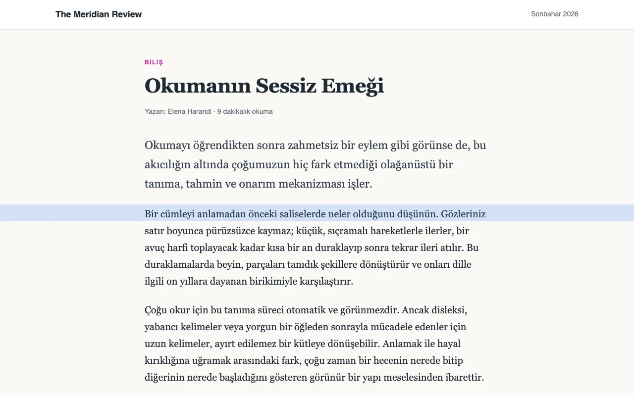 Bir satırın üzerinde mavi bir okuma cetveli bulunan makale