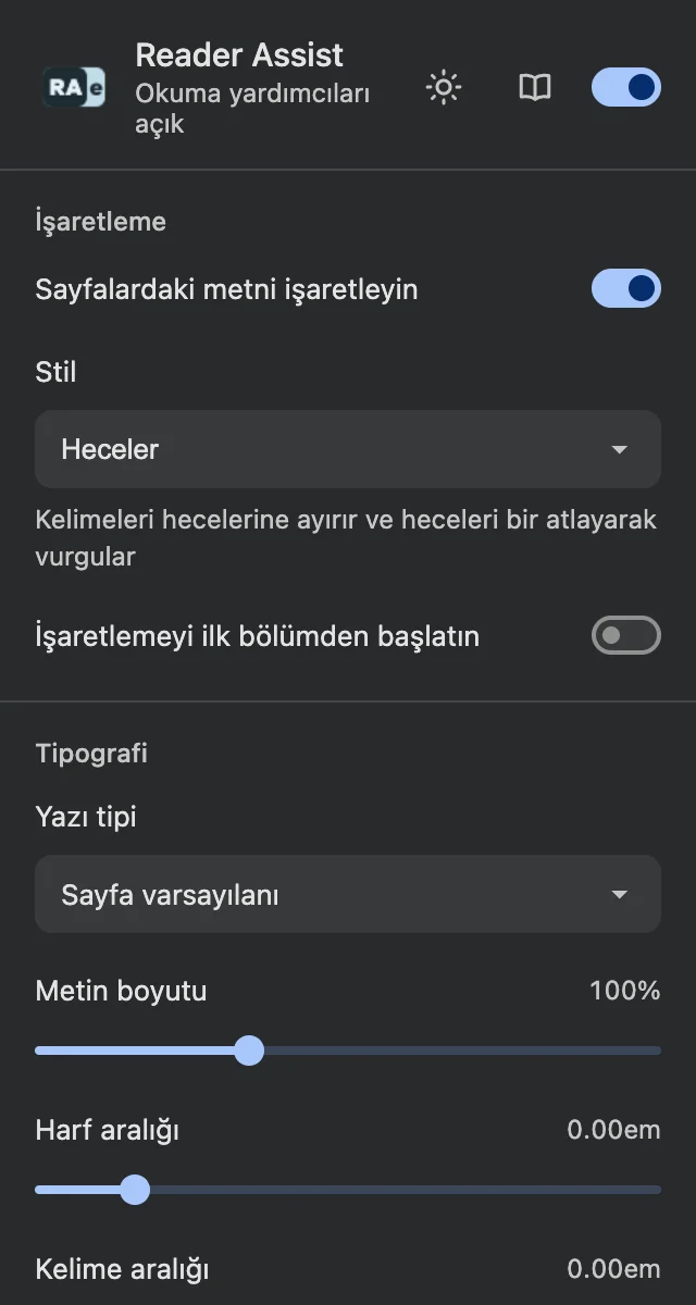 Reader Assist'in koyu temadaki ayarları