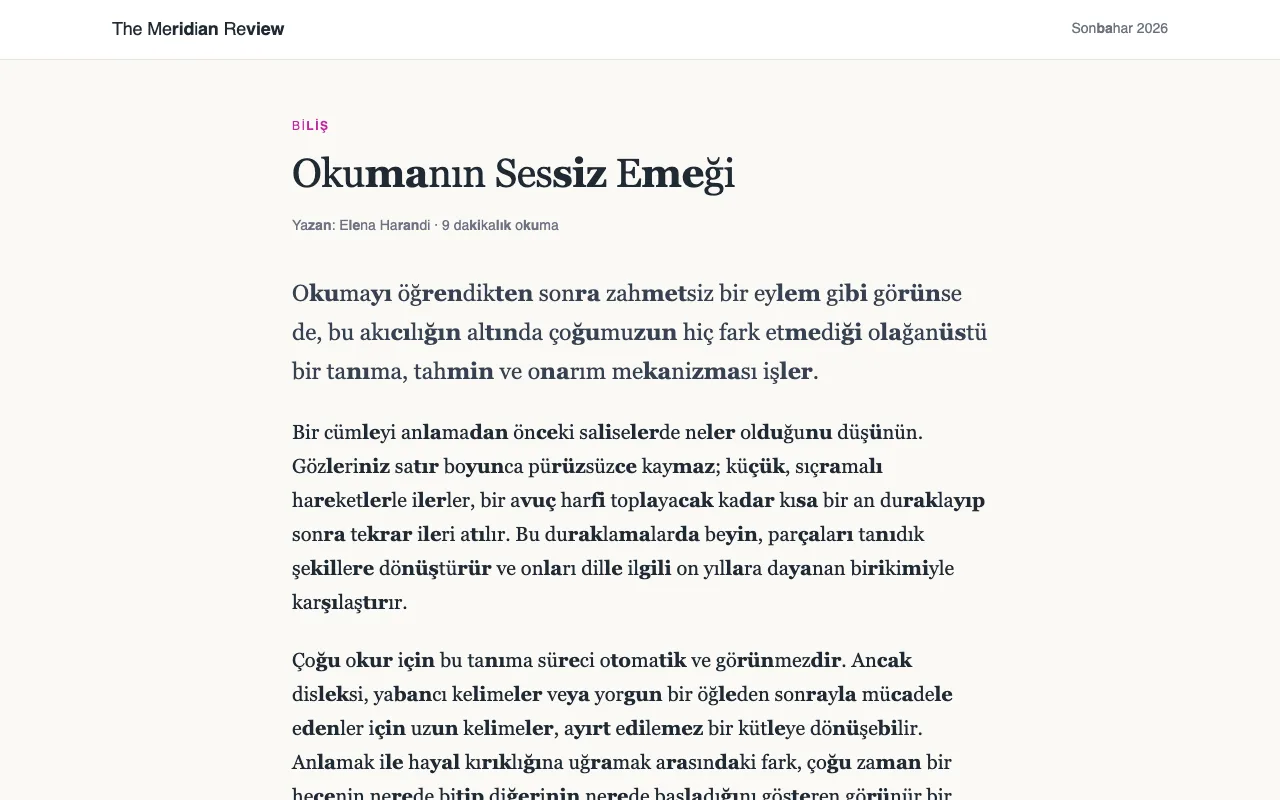 Uzun kelimelerin hecelerine ayrıldığı ve her ikinci hecenin kalın yazıldığı bir makale